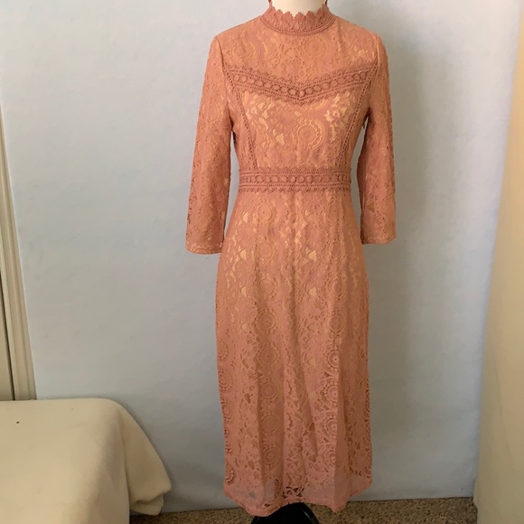 DownEast Dresses & Skirts - Mauve Lace 3/4 Sleeve High Neck Dress